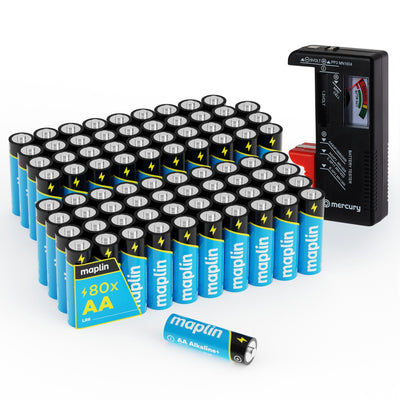 Maplin 80x AA LR6 7 Years Shelf Life 1.5V High Performance Alkaline Batteries with FREE Universal Battery Tester - maplin.co.uk